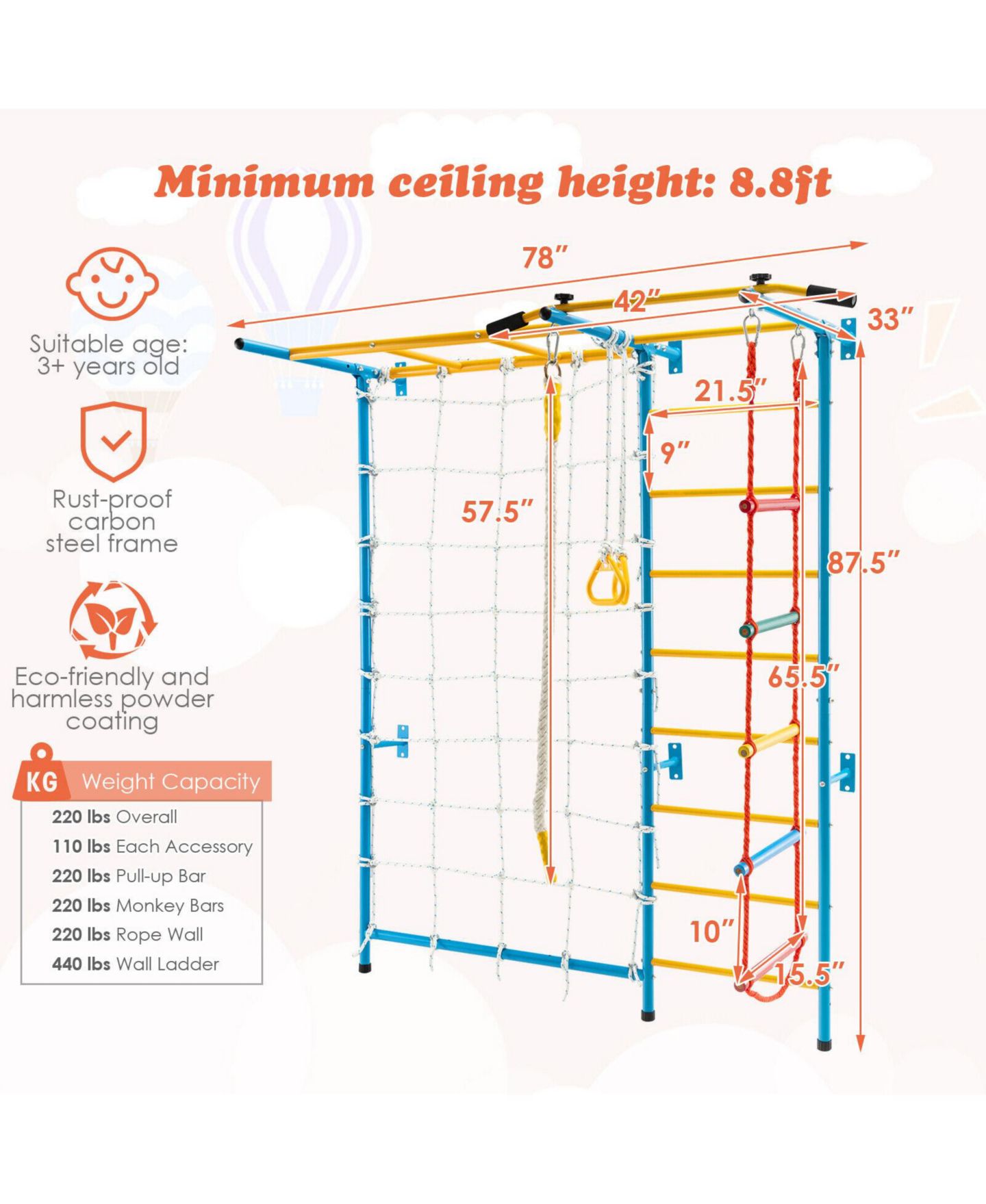 Детские игрушки GOUUN 7-In-1 Swedish Wall Ladder Carbon Steel Indoor Gym Playground Set, Ages 3+ — фото 5