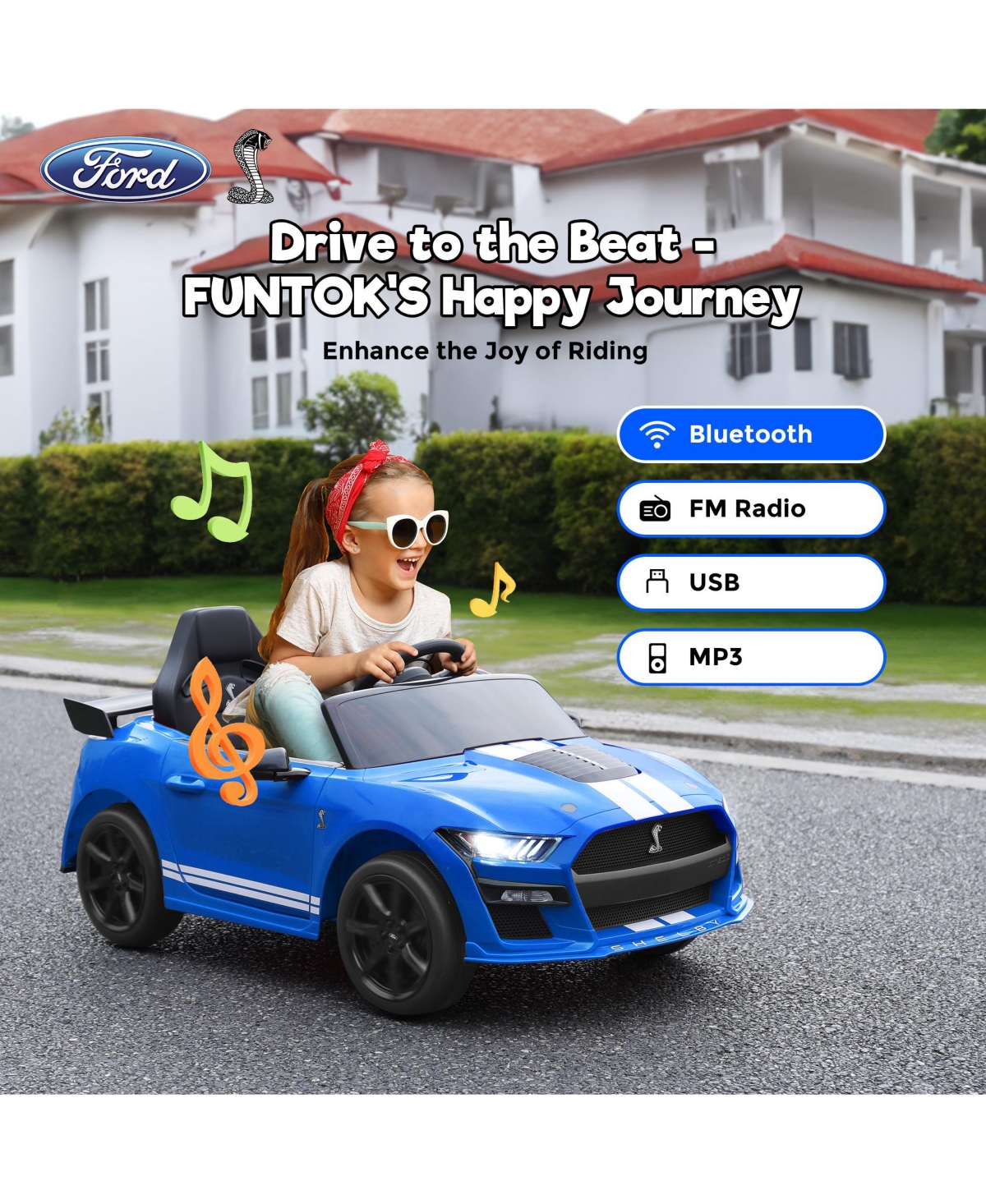 Funtok Licensed Ford Mustang Shelby GT500 12V Kids Electric Ride On Car w/Parent Remote Control, Led Lights, MP3, bluetooth, Spring Suspension