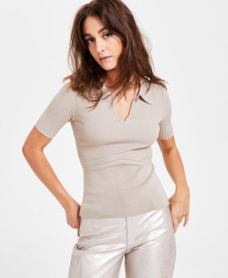GUESS - Women's Floral-Cutout Short-Sleeve Polo Sweater