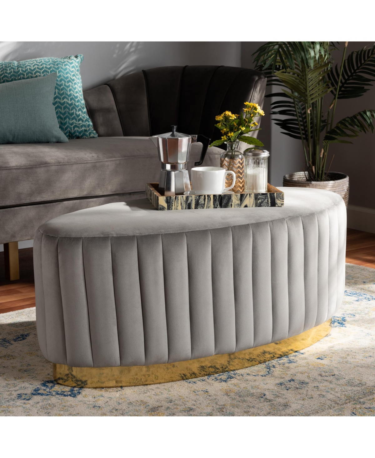 Baxton Studio Kirana Glam and Luxe Navy Blue Velvet Fabric Upholstered and Gold Pu Leather Ottoman -gold