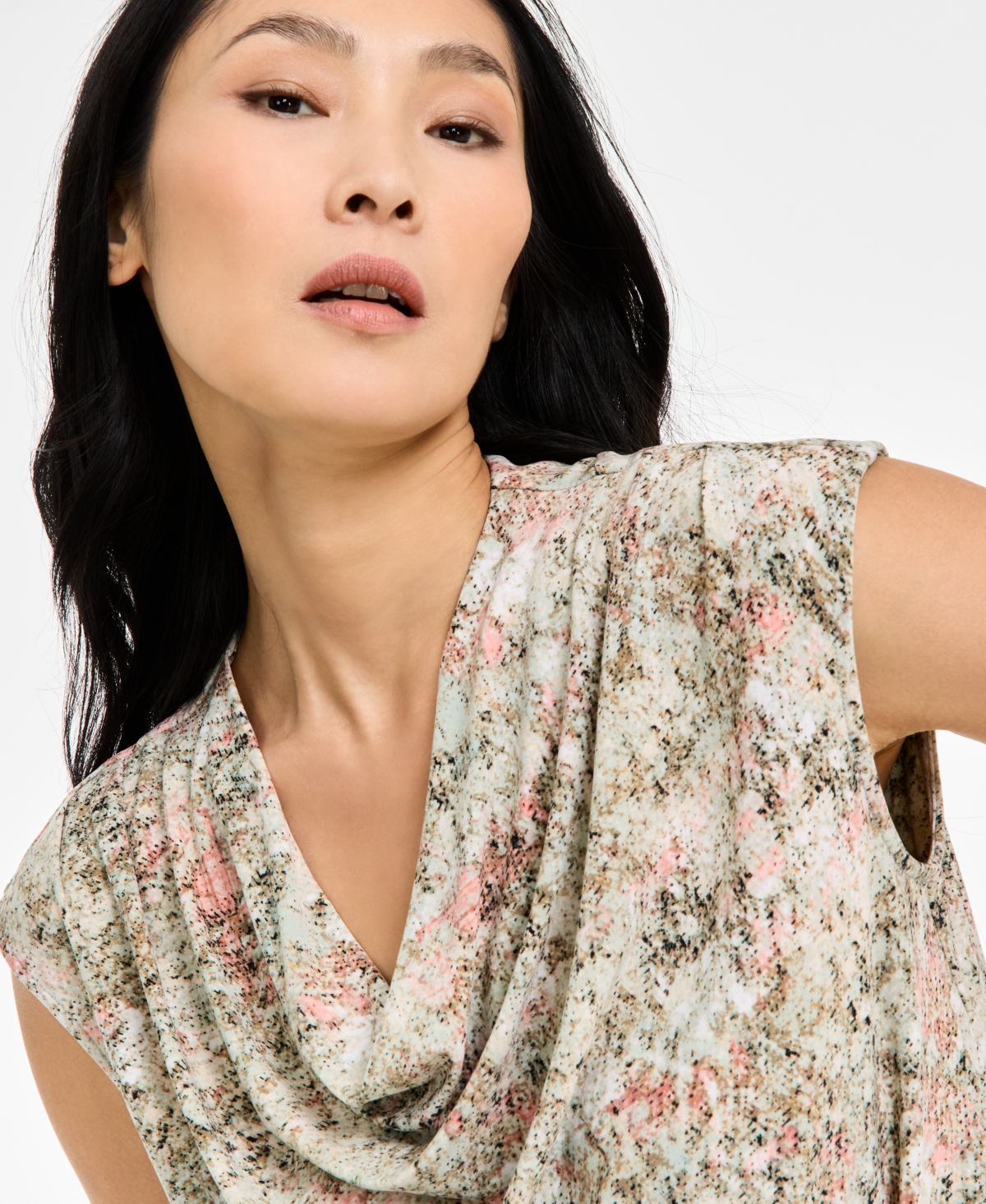 Anne Klein Cowl Neck Cap Sleeve Top In Soft Aloe Multi