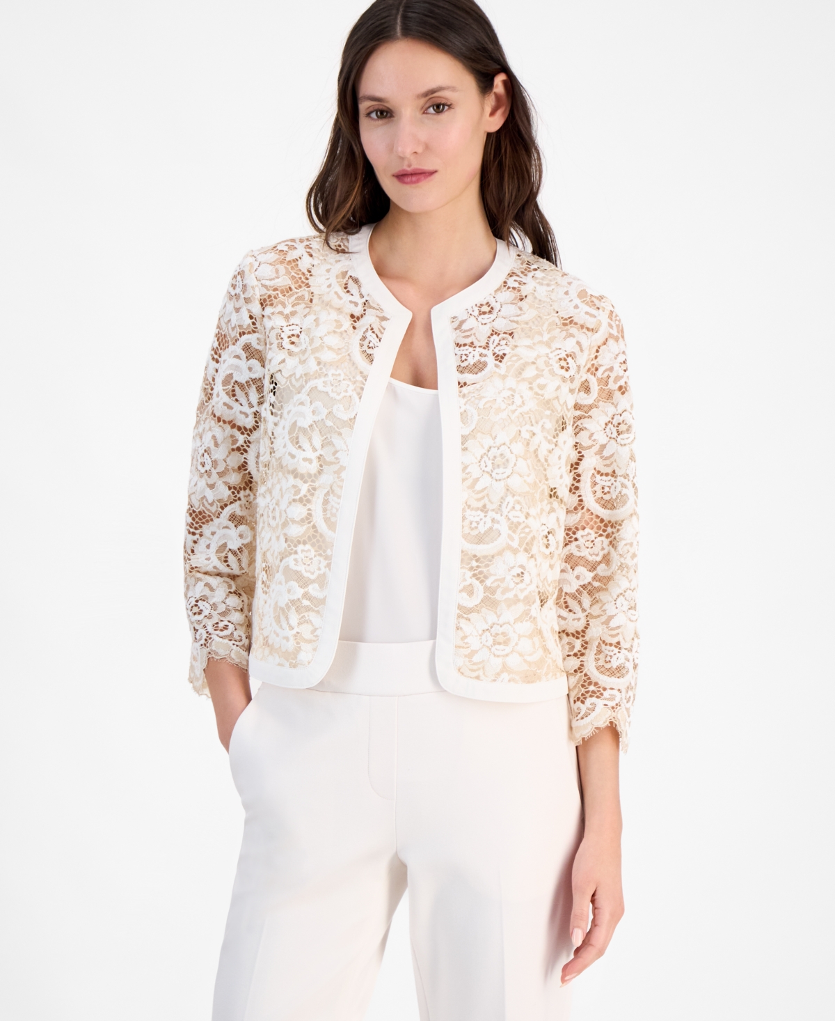ANNE KLEIN WOMEN'S LACE OPEN-FRONT 3/4-SLEEVE JACKET 