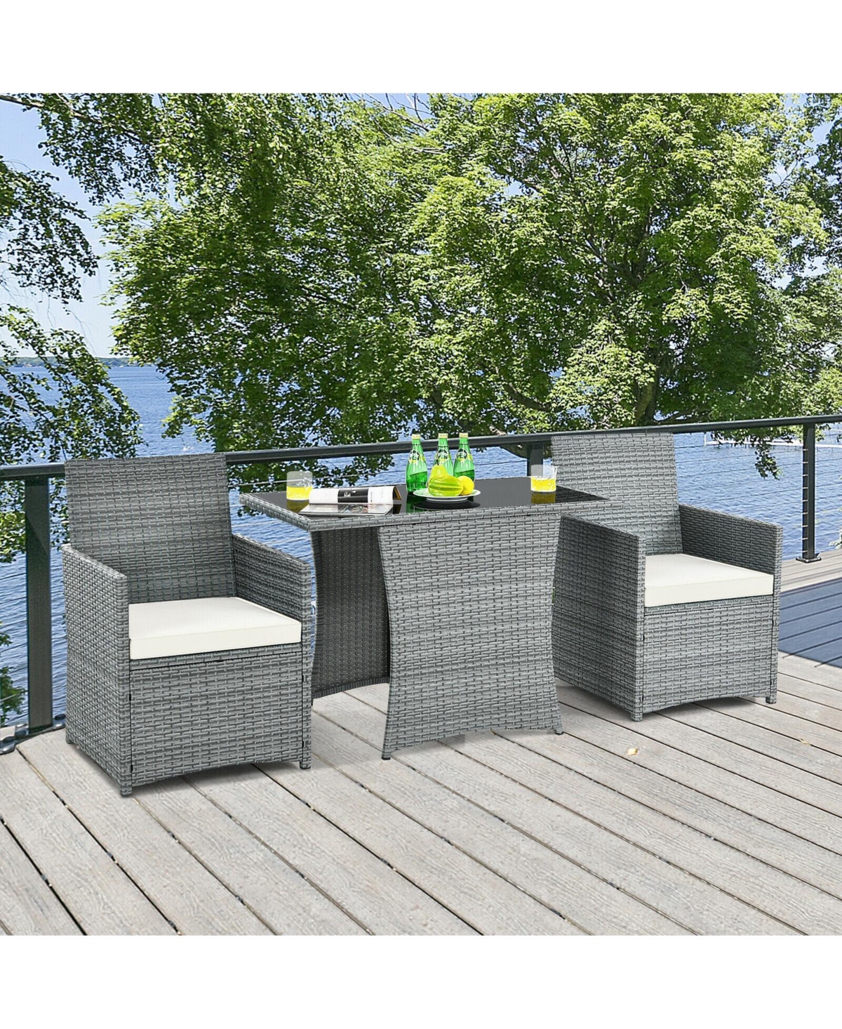 Gouun 3 Pieces Patio Rattan Furniture Set with Cushioned Armrest Sofa