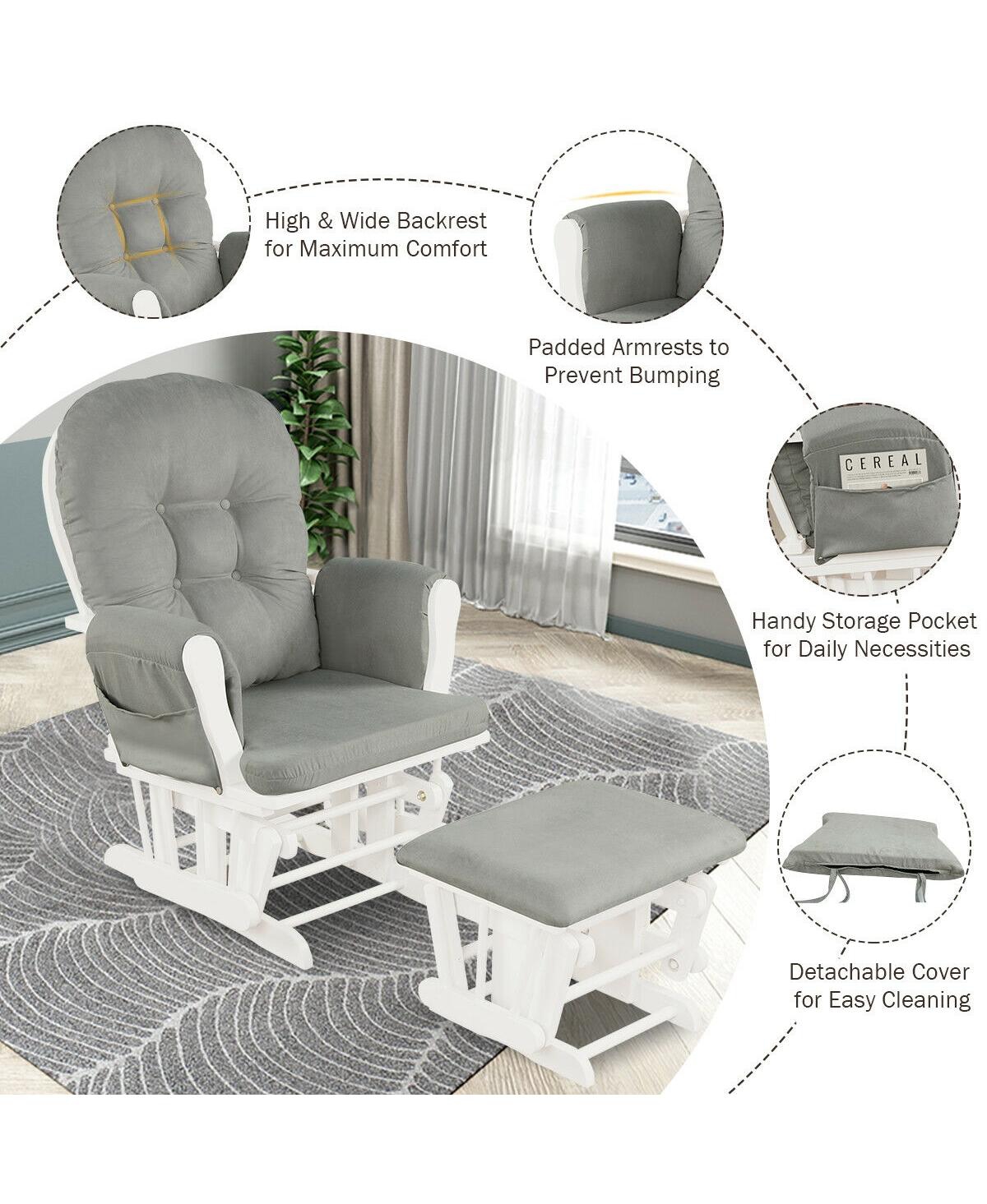 Gouun Wood Glider and Ottoman Set with Padded Armrests and Detachable Cushion