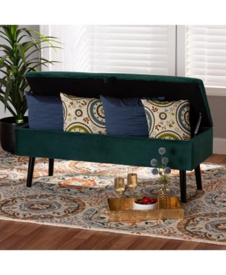 Caine Modern and Contemporary Green Velvet Fabric Upholstered and Dark Brown Finished Wood Storage Bench