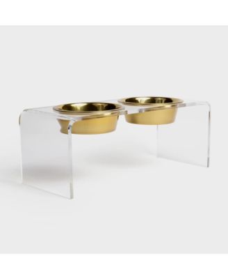 Medium Clear Double Bowl Pet Feeder, 1 Quart Gold Bowls