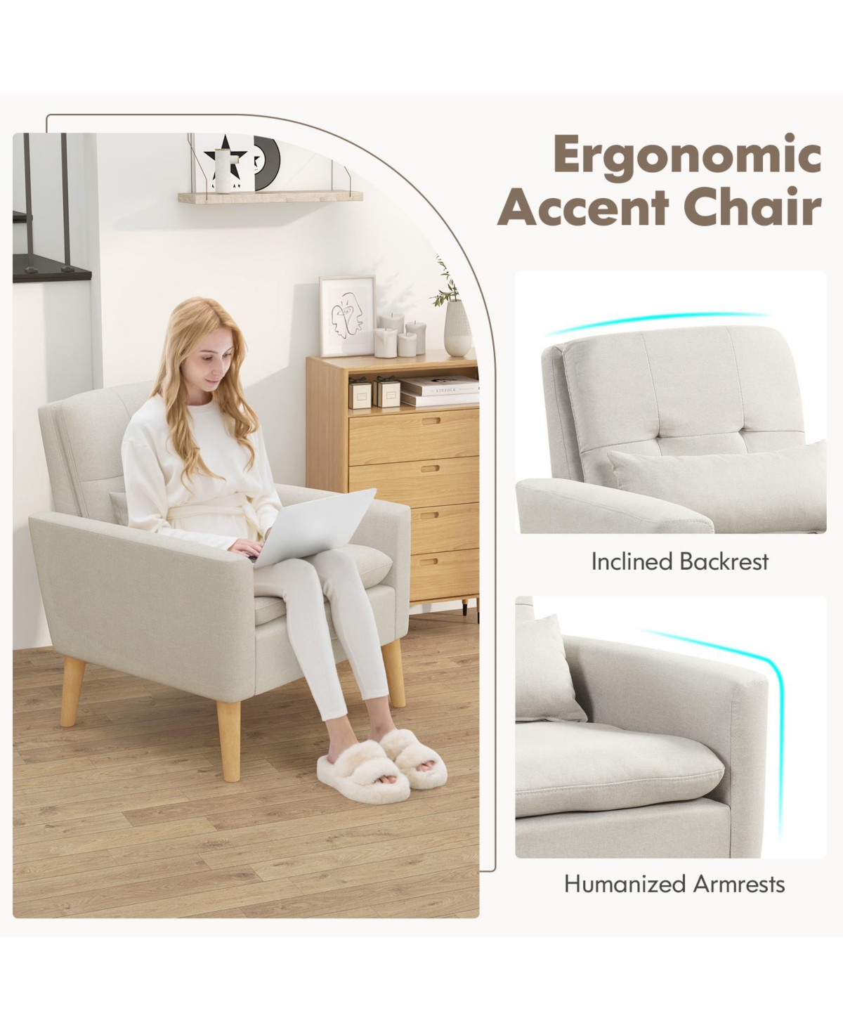 Gouun Accent Chair with Lumbar Pillow Rubber Wood Legs Padded Cushions -khaki