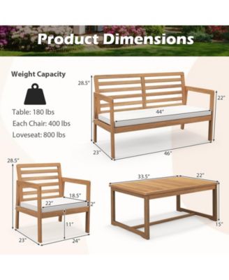 4 Piece Wood Patio Conversation Set with 2 Armchairs and Coffee Table