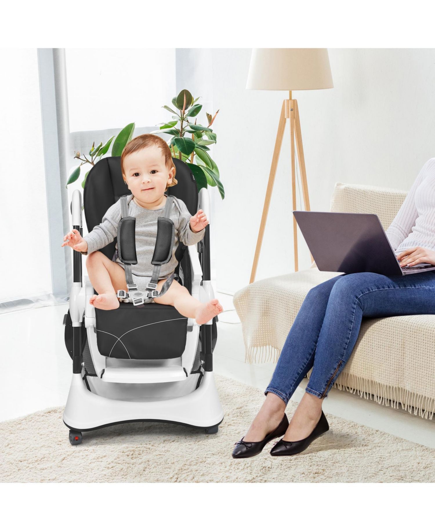 Boys A-Shaped High Chair with 4 Lockable Wheels