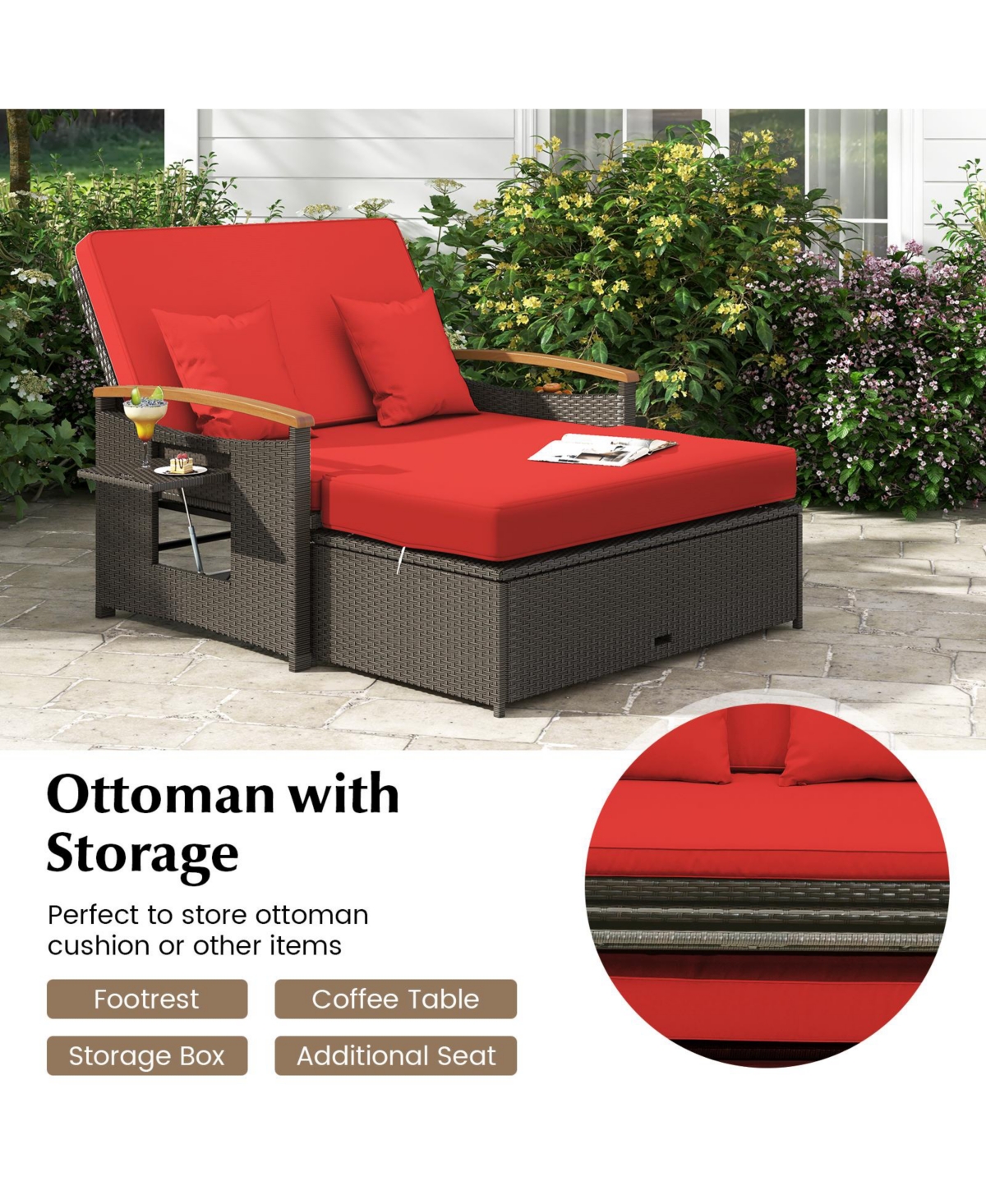 Gouun Outdoor Wicker Daybed with Folding Panels and Storage Ottoman