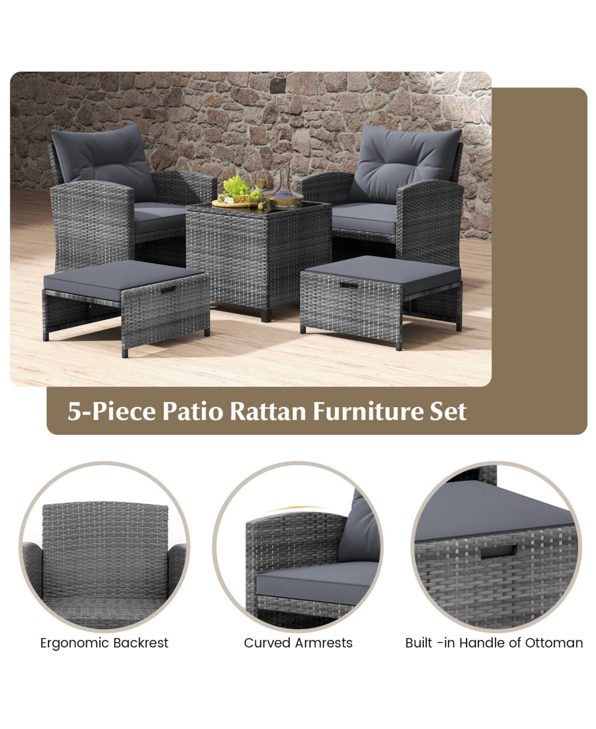 Gouun 5 Piece Patio Rattan Furniture with 2 Ottomans and Tempered Glass Table