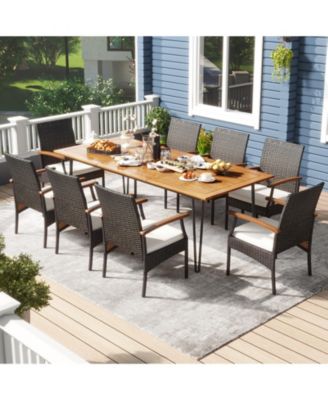 9 Pieces Outdoor Patio Dining Set with Acacia Wood Square Table and Umbrella Hole