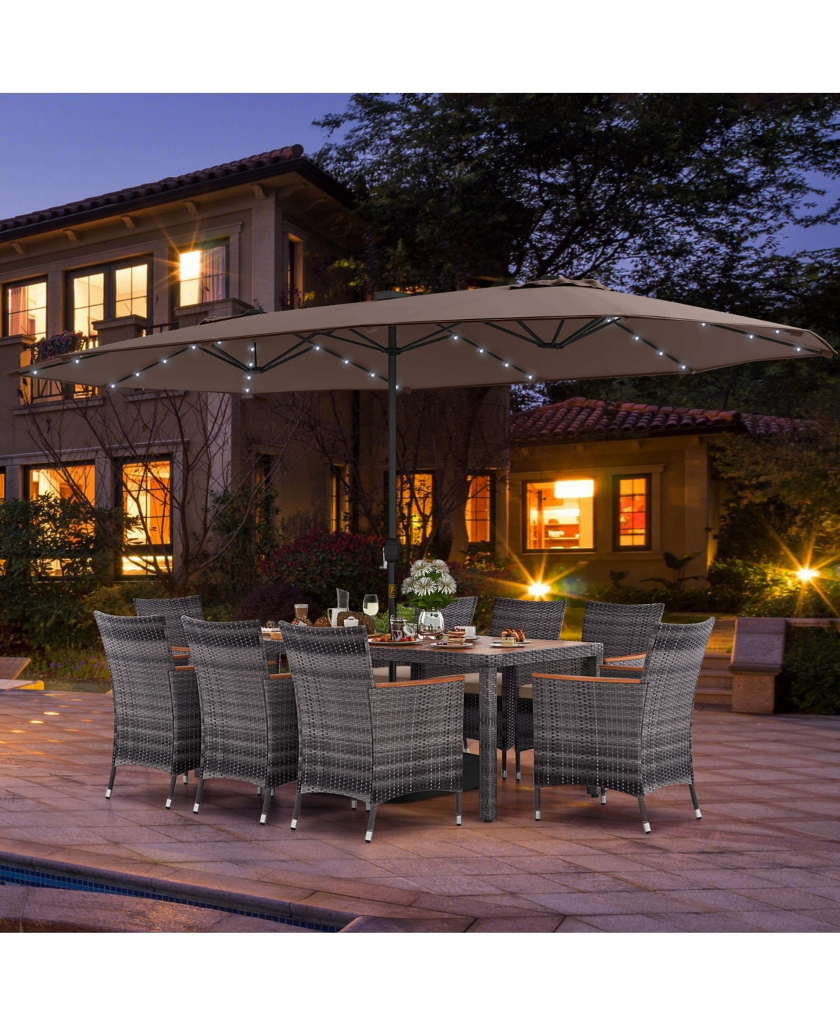 11 Pieces Patio Dining Set with 15 Feet Double-Sided Patio Umbrella Base Included