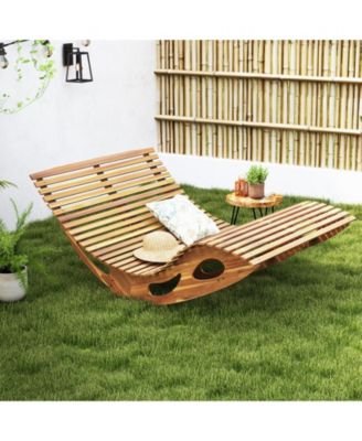 Slatted Acacia 2-Seat Patio Dual Rocker Sunbed Wood Lounger with Ergonomic Curved Seat