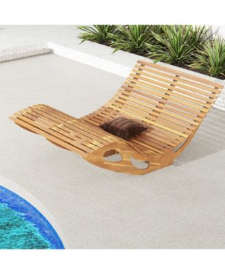 Slatted Acacia 2-Seat Patio Dual Rocker Sunbed Wood Lounger with Ergonomic Curved Seat