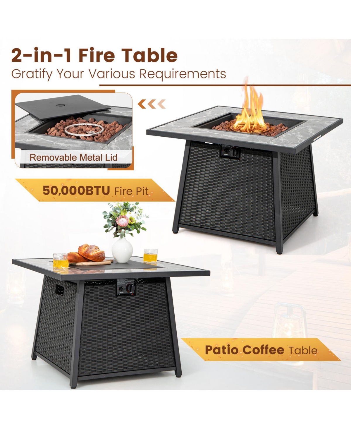 Gouun 7 Pieces Patio Furniture Set with 35 Inches 50000 Btu Propane Gas Fire Pit Table and Waterproof Cover for Firpit