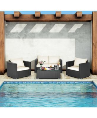 4 Pieces Patio Rattan Conversation Set with Padded Cushion and Tempered Glass Table