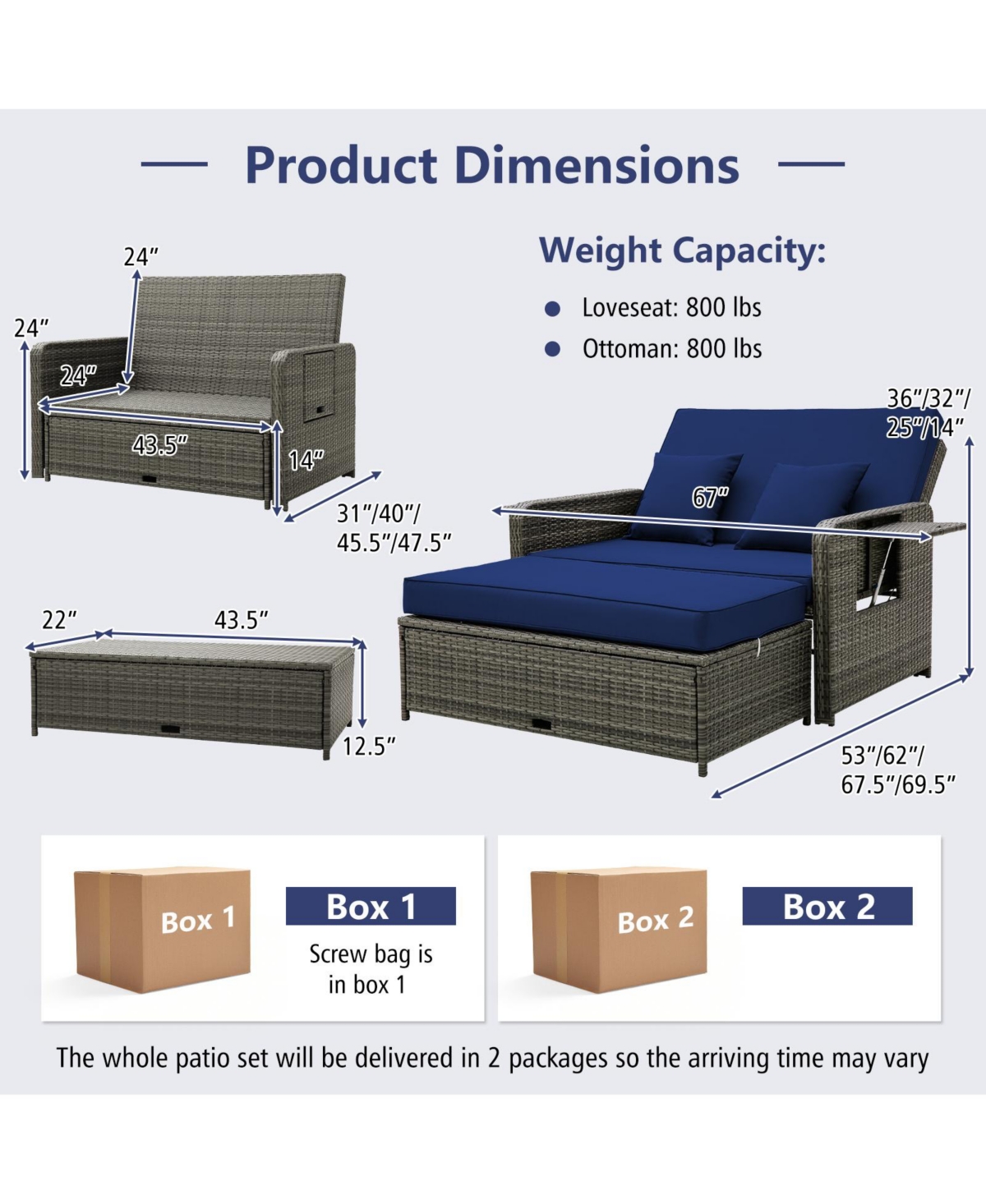 Gouun Patio Wicker Loveseat Sofa with Multipurpose Ottoman and Retractable Side Tray