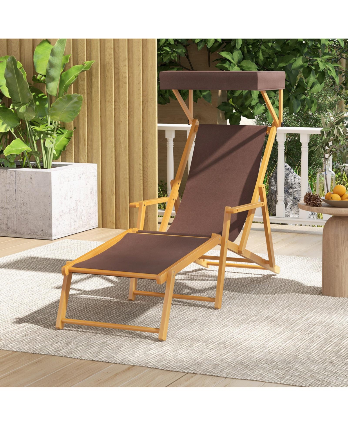 Gouun Birch Wood Chaise Lounge Chair Foldable Beach Chair with Adjustable Canopy