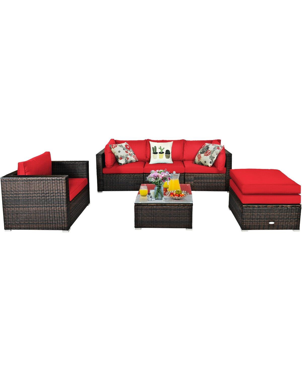 Gouun 6 Pcs Patio Rattan Furniture Set with Sectional Cushion