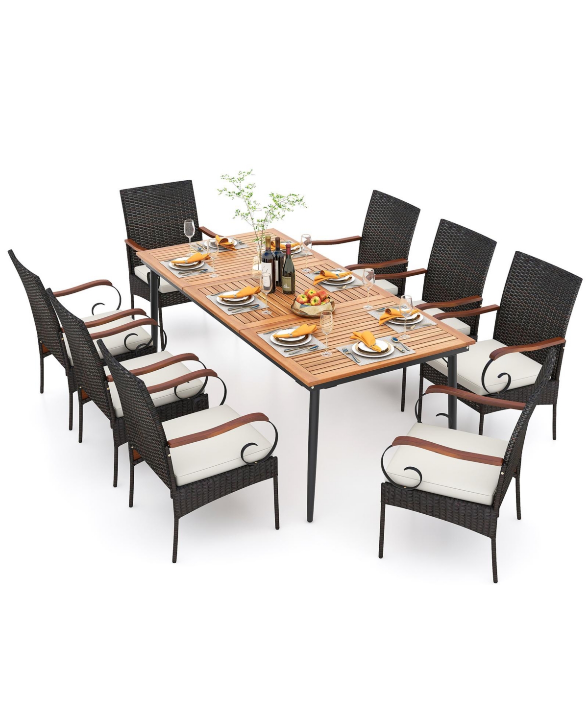 Gouun Outdoor Dining Table and 8 Rattan-woven Dining Chairs with Acacia Wood Tabletop