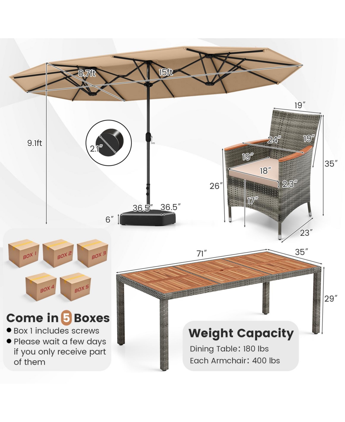 10 Pieces Patio Wicker Dining Set with 15 Feet Double-Sided Patio Umbrella