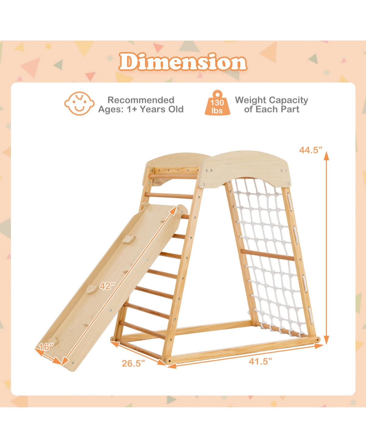 Gouun 6-in-1 Jungle Gym Wooden Indoor Playground with Double-Sided Ramp Monkey Bars