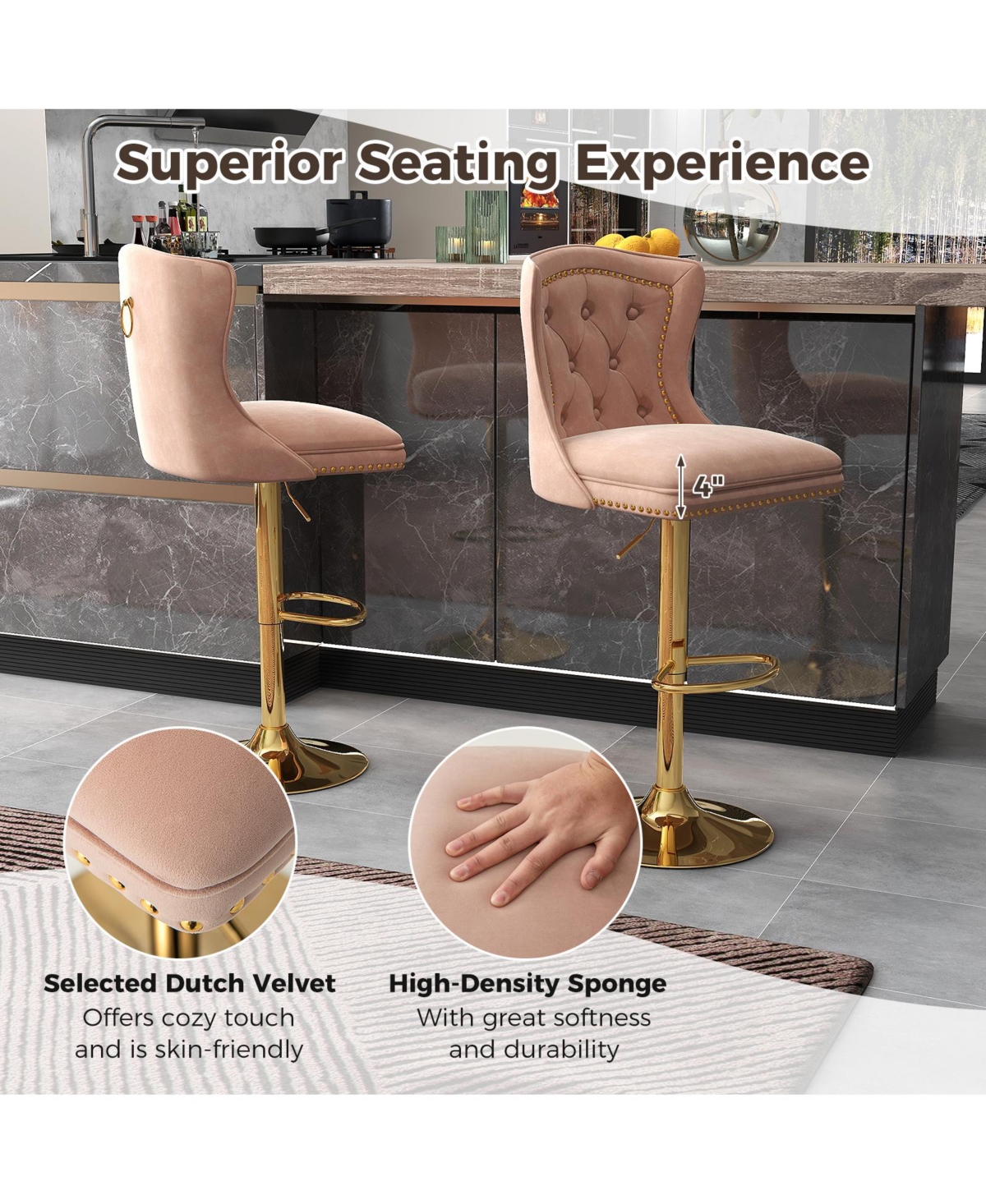 Gouun Set of 2 Bar Chairs with Footrest Electroplated Metal Base and Anti-Slip Ring