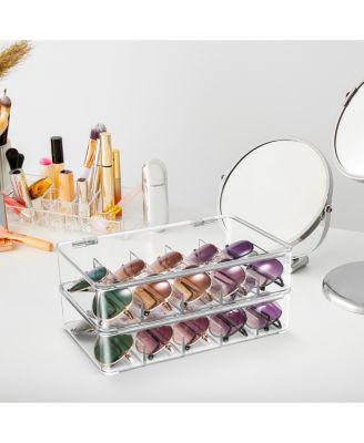 3 Pack Clear Stackable Plastic Sunglass Holder with Hinged Lid for Eyewear Display Includes 5 Sections