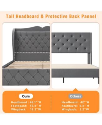 Queen Size Bed Frame with Charging Station and 4 Storage Drawers Upholstered Tall Tufted Headboard and Storage Shelf, Upholstered Bed Frame Queen Slats Support