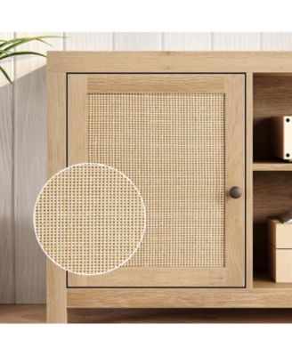 Boho TV Stand for 75 Inch, Rattan Entertainment Center with 2-Tier Storage, Wooden TV & Media Console Cabinet for Living Room Bedroom