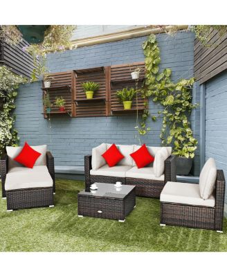 6 Pieces Patio Rattan Furniture Set with Sectional Cushion and Ottomans