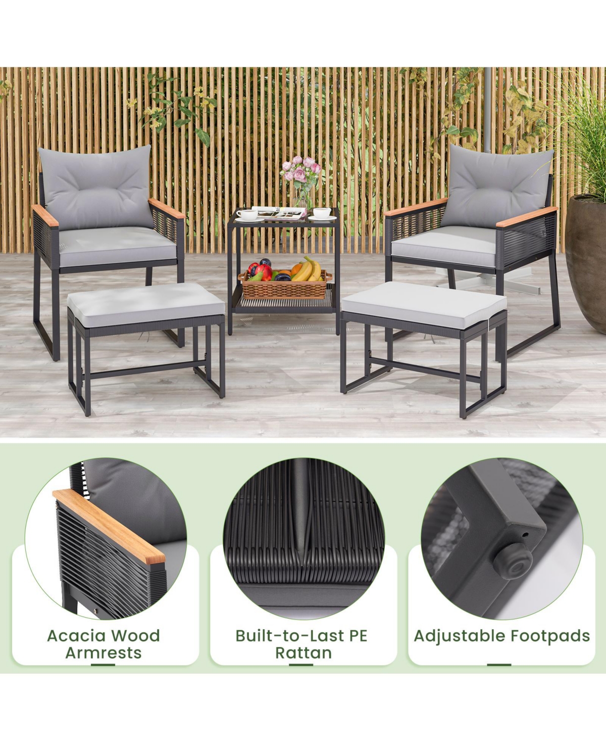 Gouun 5-Piece Outdoor Rattan Conversation Set with Cushions, Ottomans, and 2-Tier Side Table
