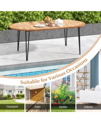 79-Inch Oval Acacia Wood Patio Dining Table for 8 with Umbrella Hole