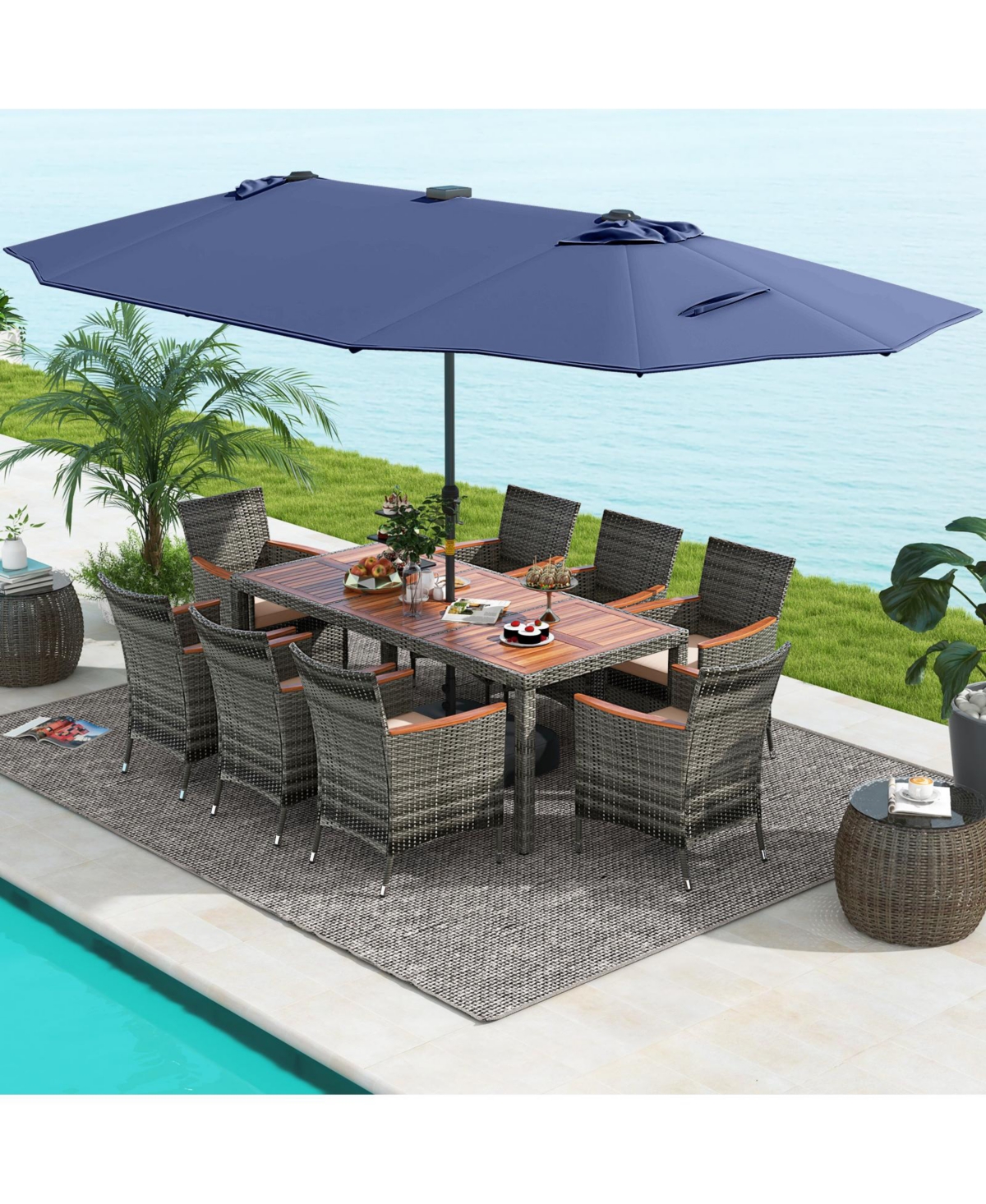 Gouun 11 Pieces Patio Dining Set with 15 Feet Double-Sided Patio Umbrella Base Included