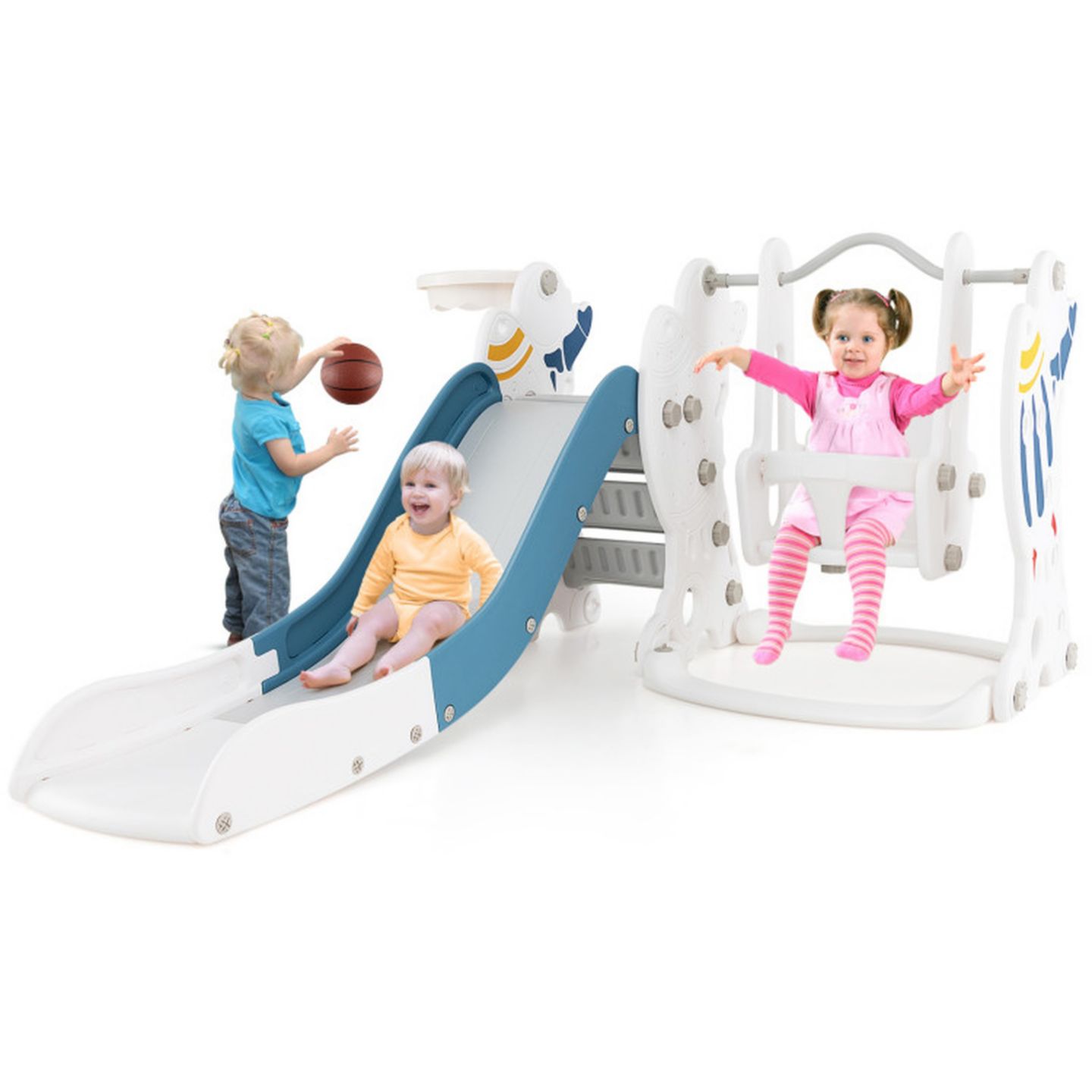 Детские игрушки GOUUN 4-in-1 Kids Slide Swing Set with Basketball Hoop, Ages 1+, цвет: Синий — фото 10