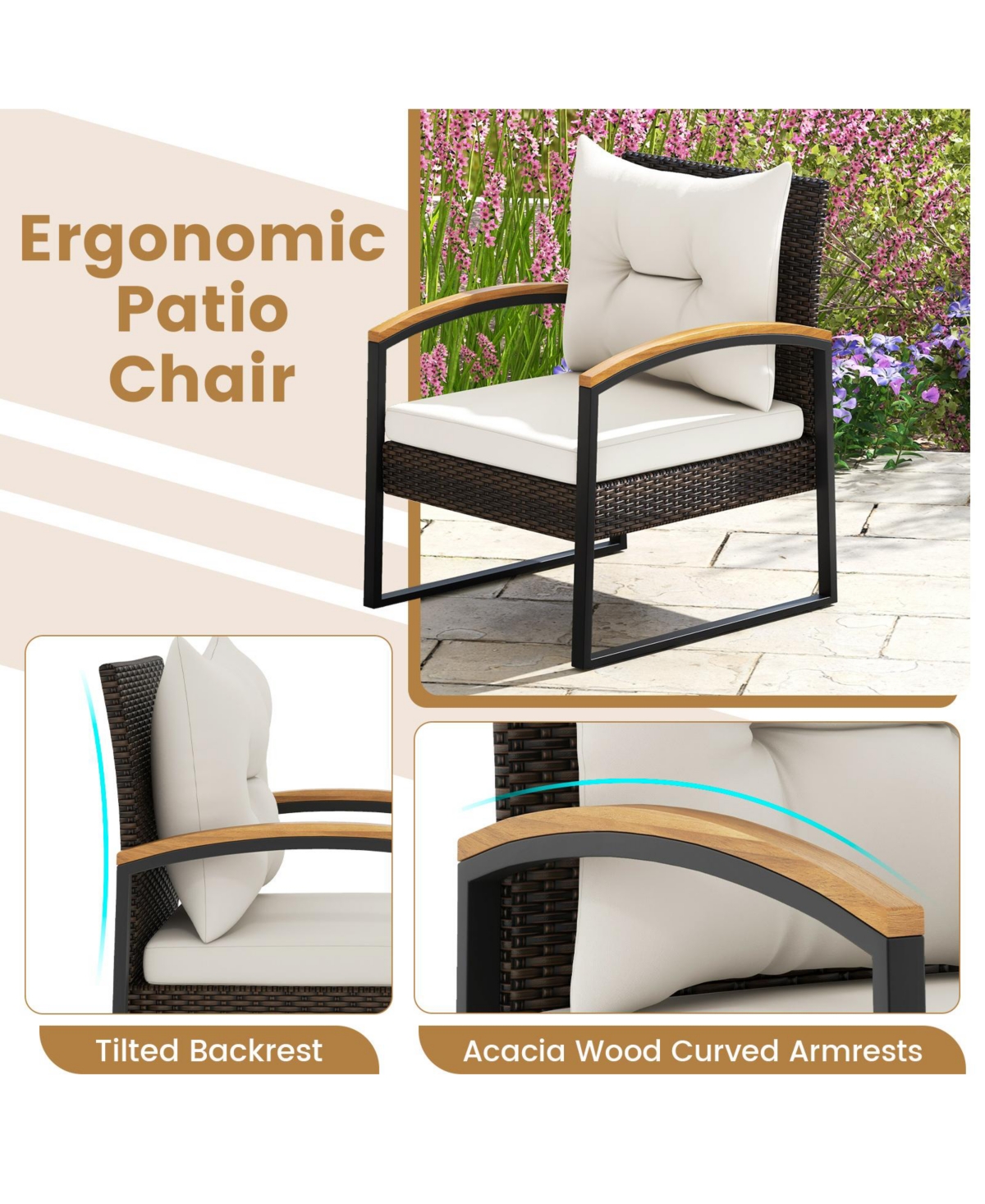 Gouun 3 Piece Patio Conversation Set with Solid Acacia Wood Armrests and Tabletop