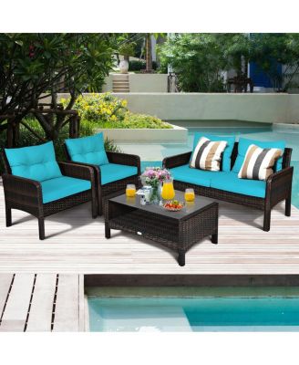 4 Pieces Outdoor Rattan Wicker Loveseat Furniture Set with Cushions