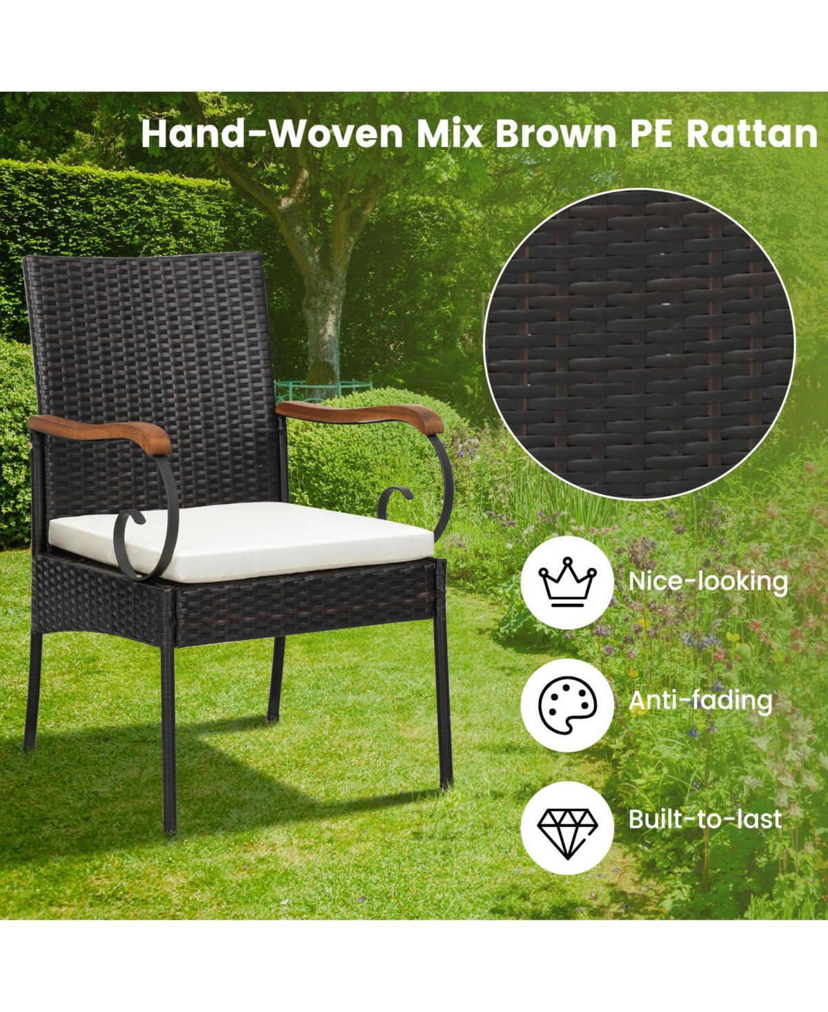 Gouun 9 Pieces Patio Rattan Dining Set with Acacia Wood Table for Backyard Garden-Curved Handrail