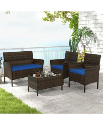 4 Piece Patio Rattan Conversation Set with Cozy Seat Cushions
