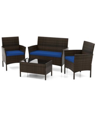 4 Piece Patio Rattan Conversation Set with Cozy Seat Cushions