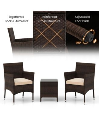 3 Pieces Outdoor Conversation Set with Cushioned Seat and Glass Tabletop