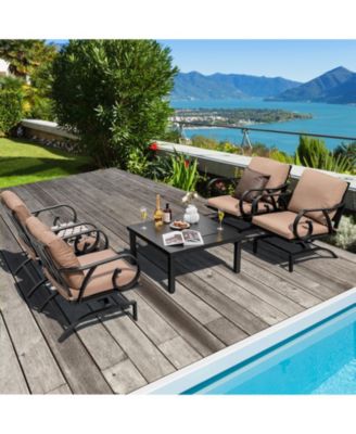 5 Pieces Patio Rocking Chairs and 4-in-1 Fire Pit Table with Fire Poker