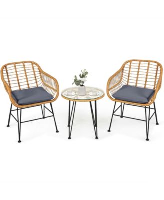 3 Pieces Rattan Furniture Set with Cushioned Chair Table