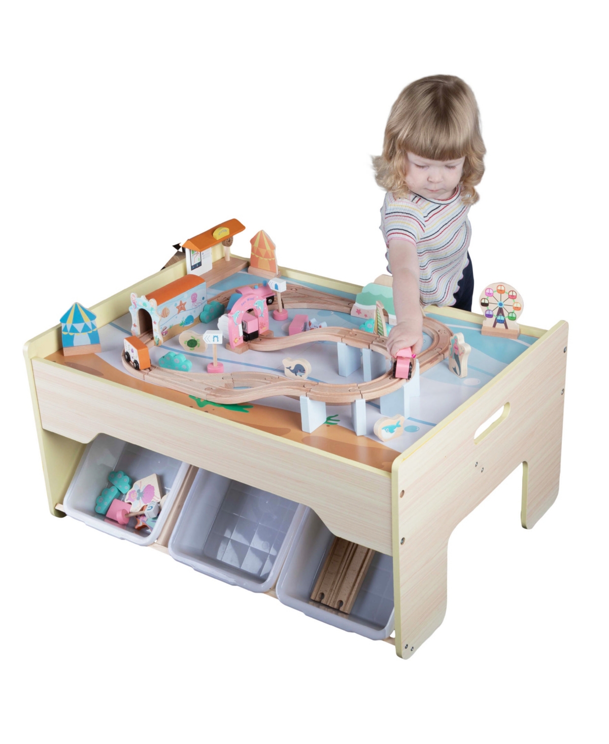 Trademark Global Hey Play 63-piece Wooden Train Set With Table In Yellow