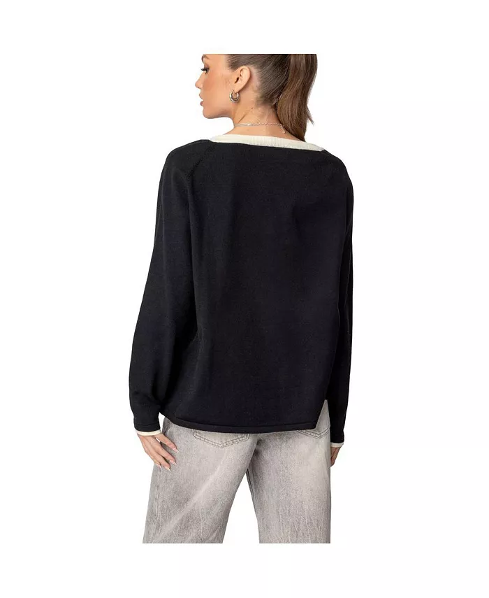Women's Contrast V Neck Knit Sweater - thumbnail 4