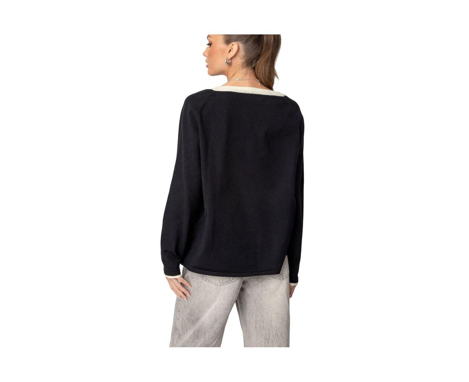 Women's Contrast V Neck Knit Sweater