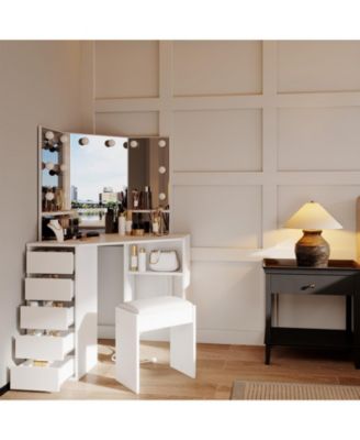 Vanity Desk with Mirror and Lights, Corner Makeup Vanity Desk