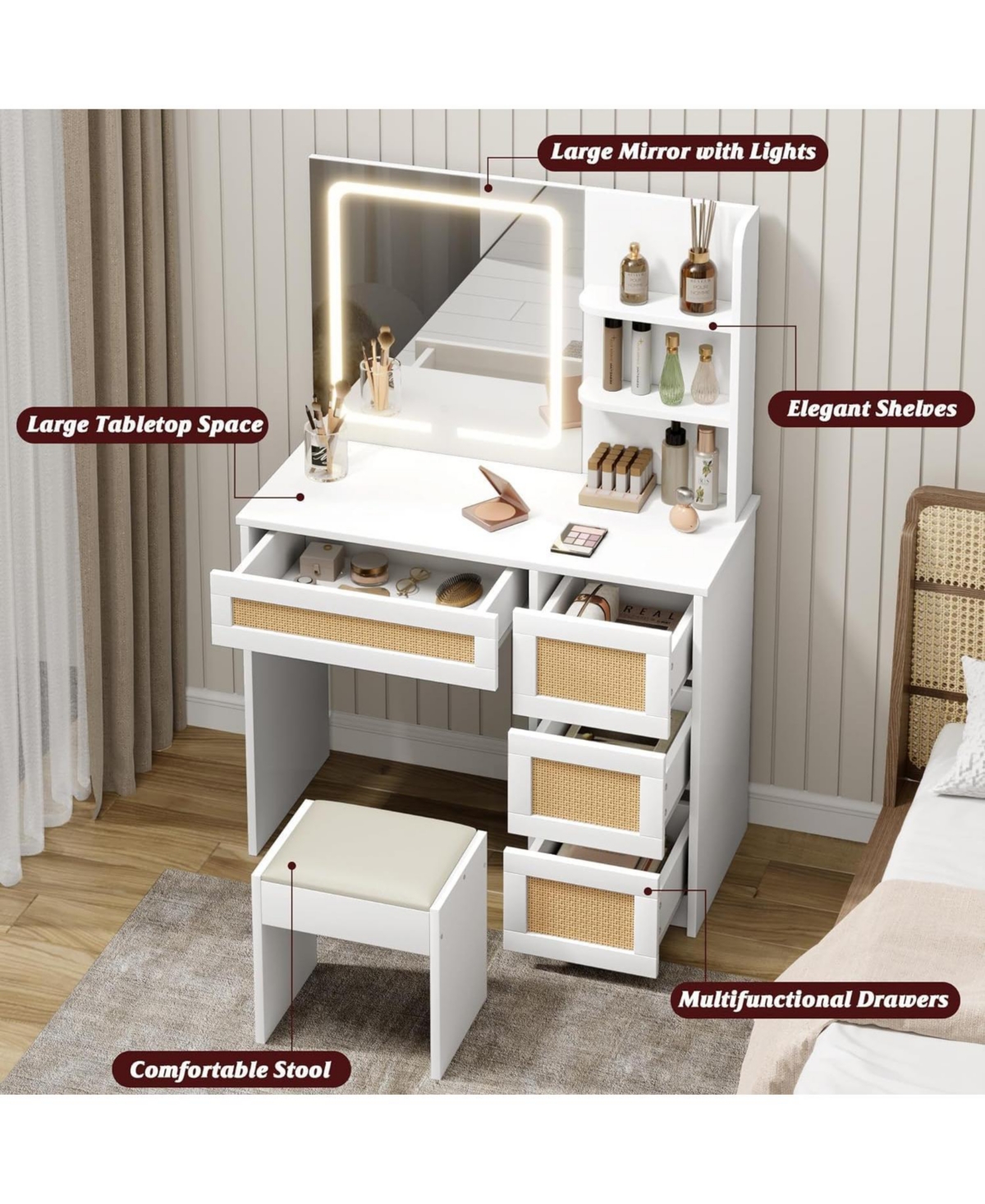 gaomon Rattan Makeup Vanity Desk with Charging Station, Vanity Desk with Mirror, 3 Lighting Modes Led Light