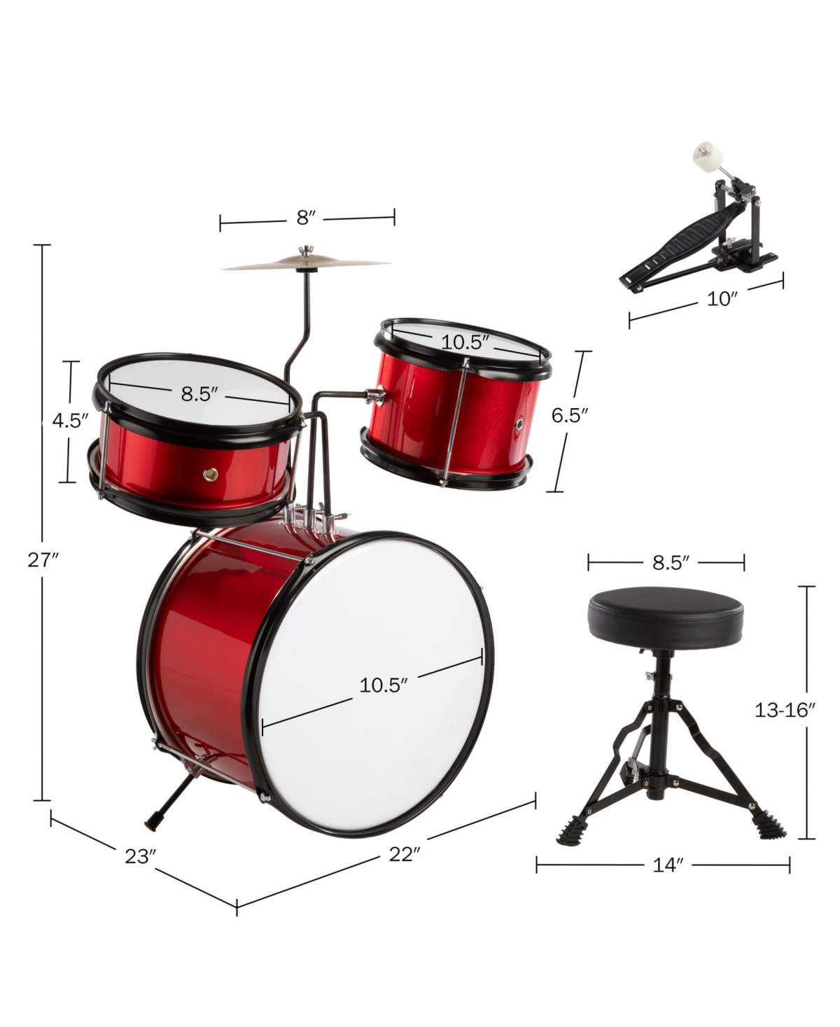 Trademark Global Hey Play 3-piece Beginner Drum Set In Red